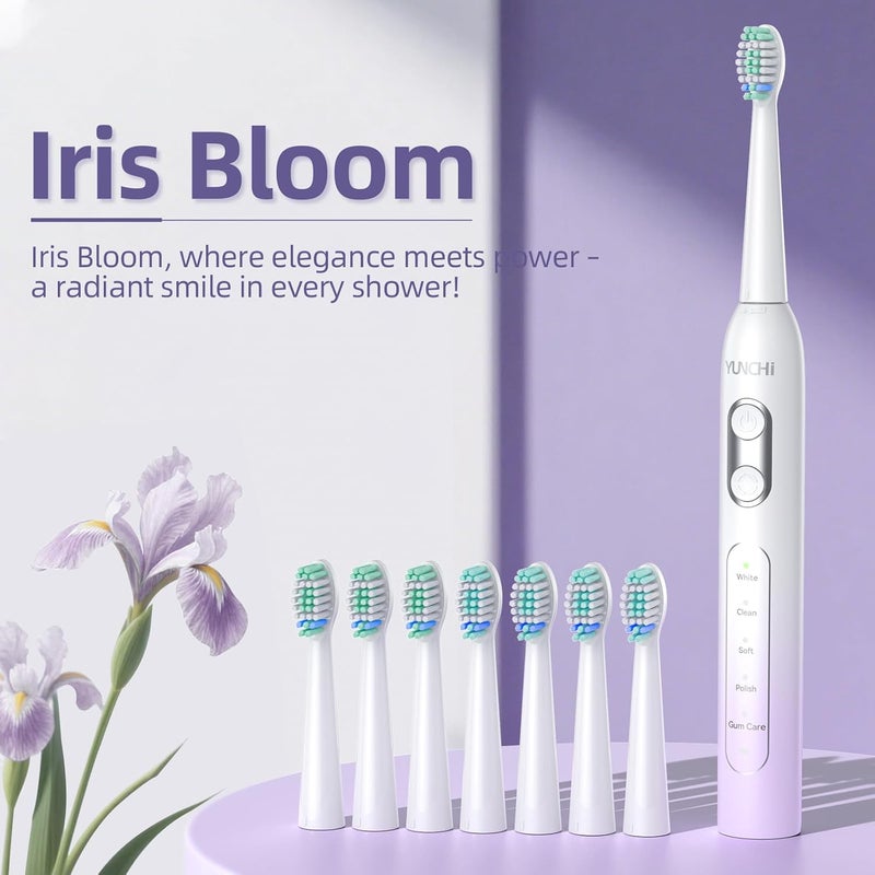 YUNCHI Electric Toothbrush Birthday/Valentine Plastic 8 Dupont Heads 24-Mo Deep Cleans Gentle Gums Removes Stains 3Hr USB-C 90d 2-Min Timer/30s IPX7 - Purple - Image 2